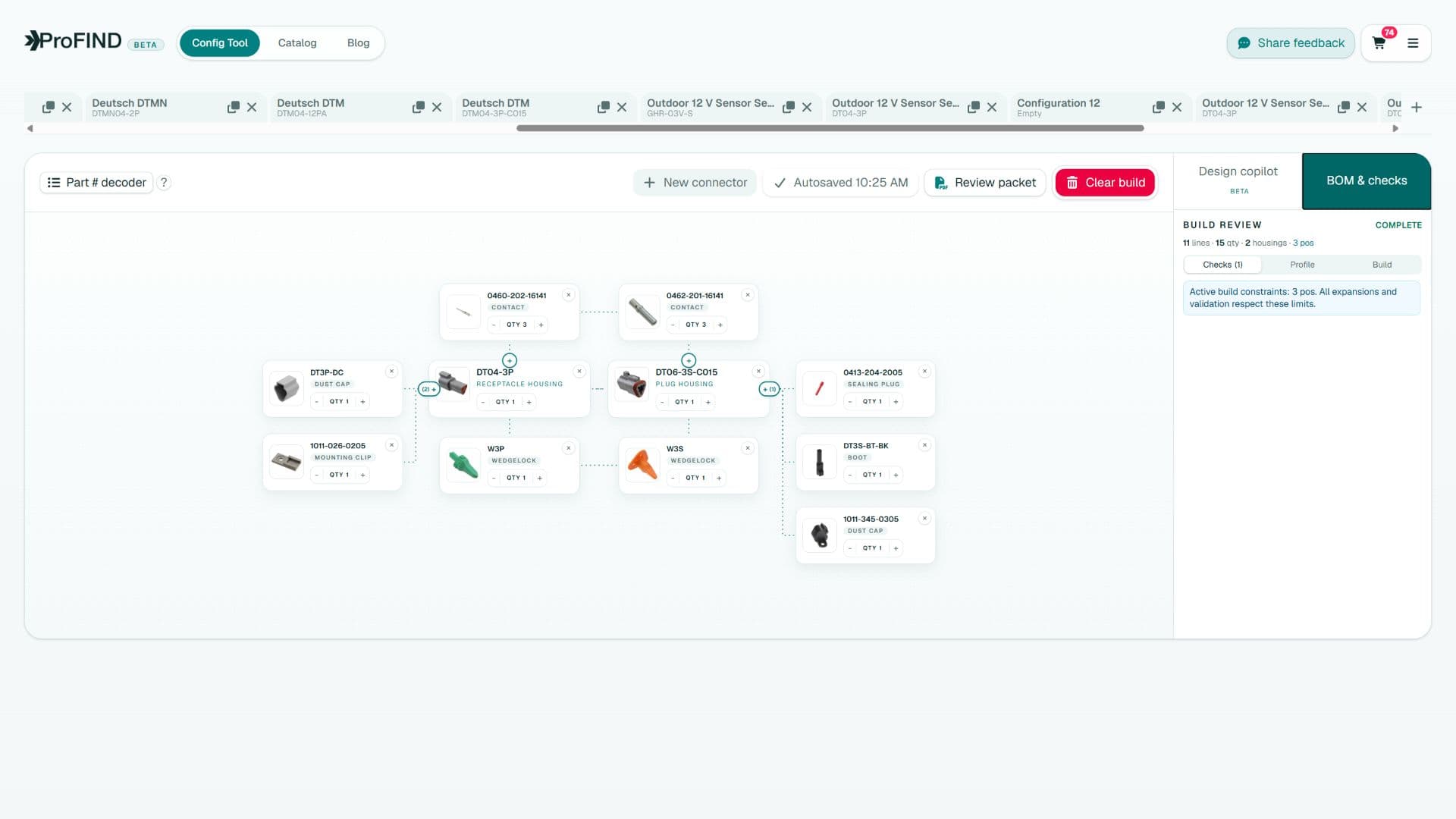 ProFind BOM and checks panel validating a complete connector graph with two housings, contacts, locks, seals, and accessories