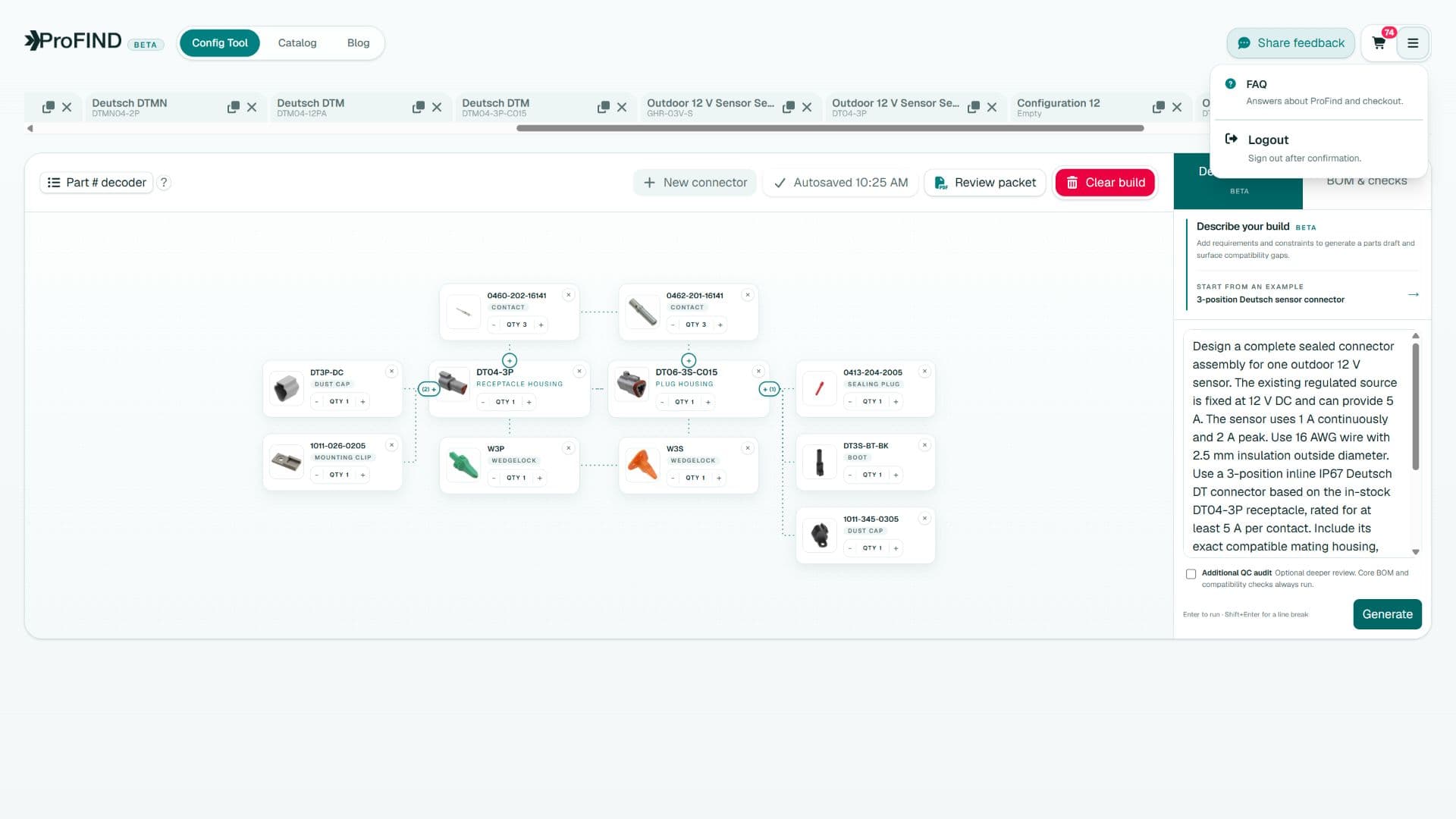 ProFind Config Tool showing a saved assembly graph, review-packet control, autosave state, and workspace menu