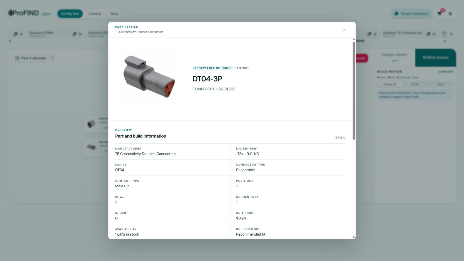 ProFind part-details view exposing the contact type and other build fields used when reviewing a crimped connection